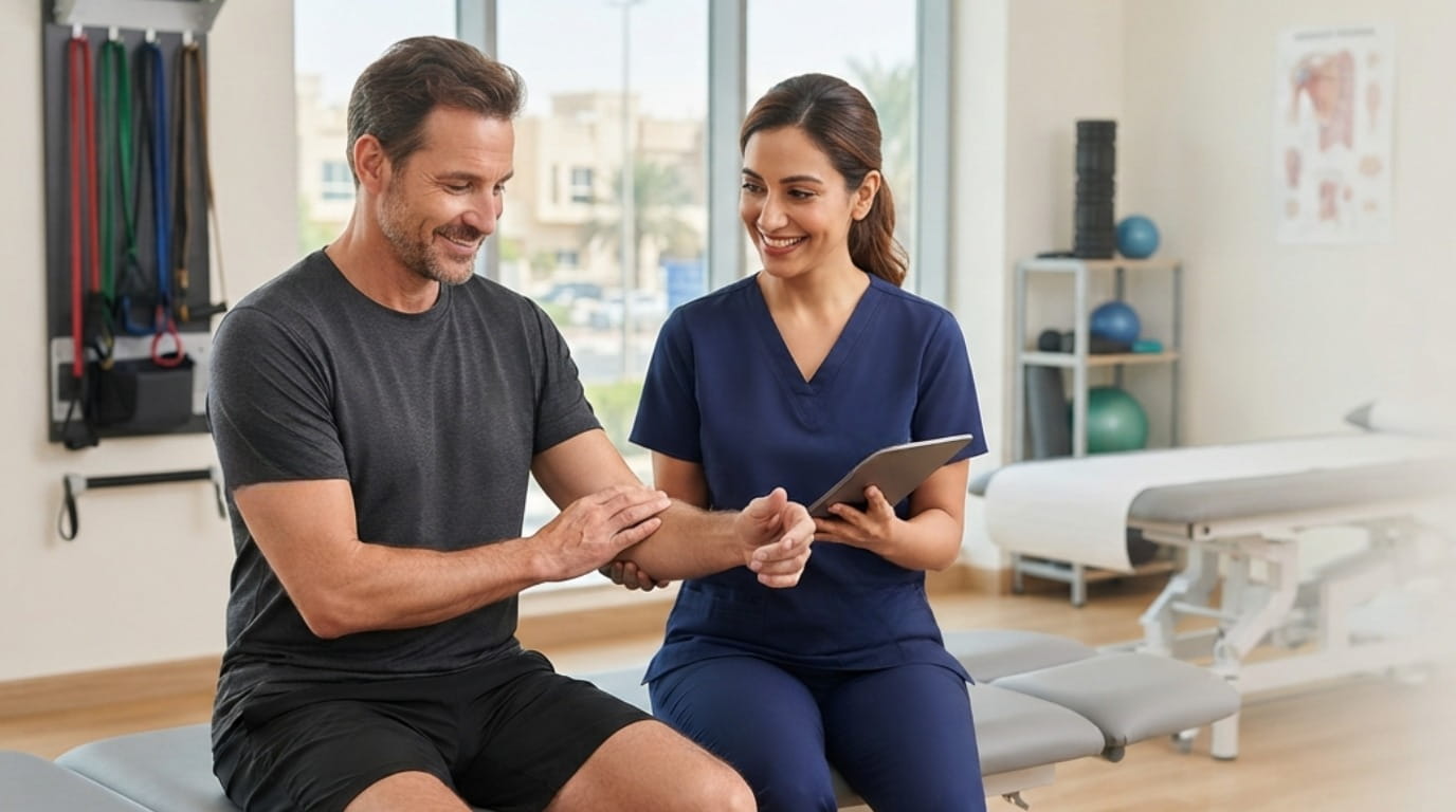 Patient performing guided stretching and mobility exercises at RamaCare
